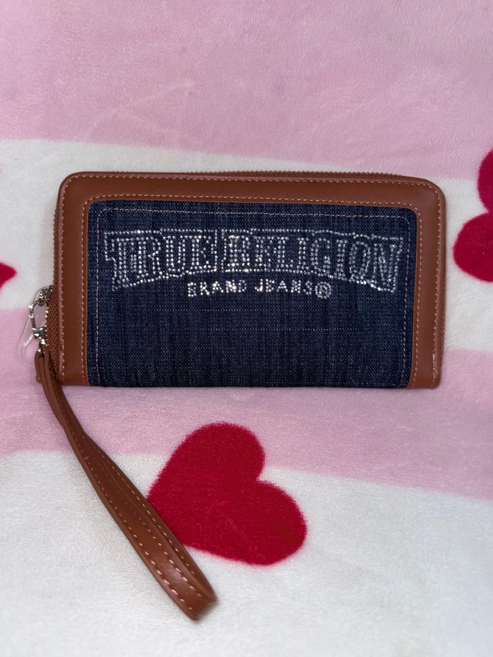 NWT True Religion Blue Denim & Brown Leather Wristlet Wallet